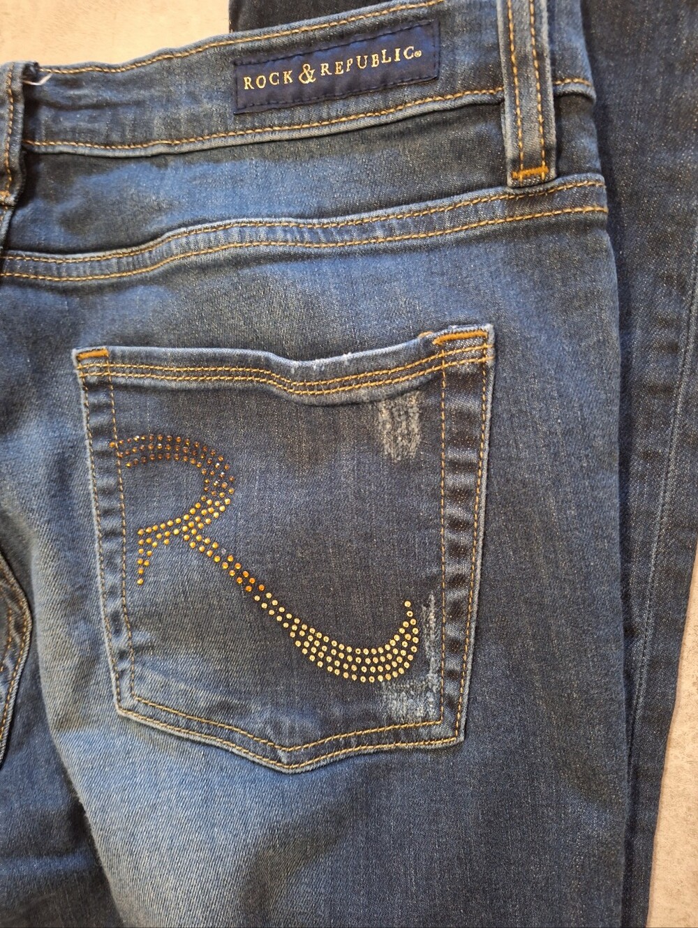 Rock & Republic Dark Blue Jeans with Gold & Silver Stud Pockets